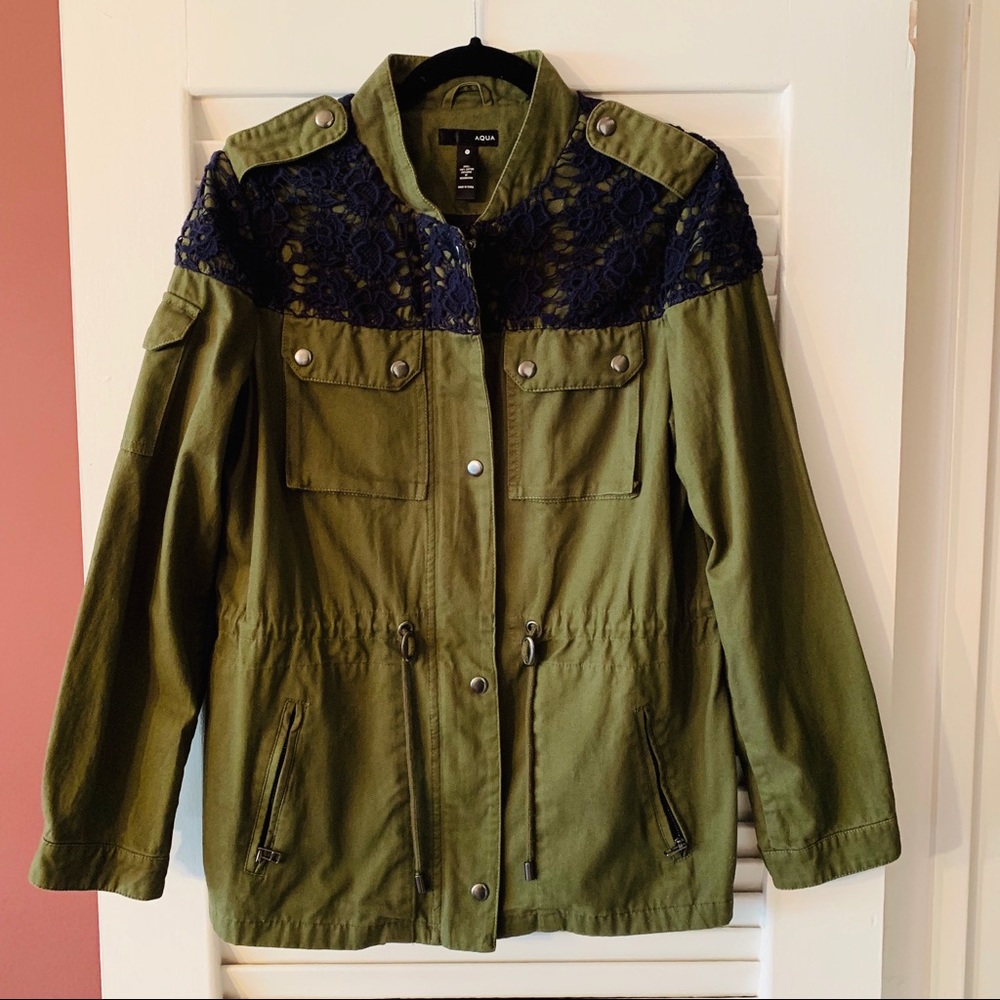 AQUA Lace Trim Army Jacket in Green Size S